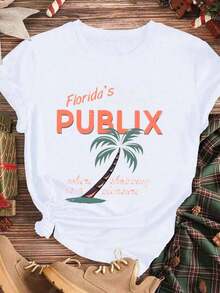 Elegant And Casual Women's Short-Sleeved T-Shirt With Palm Tree Design And Text From Florida Finest Food Stores Publix, Black Summer Casual Wear. - 白色 - 查看 3