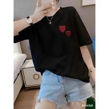 Camiseta de mujer con estampado de doble corazón y cuello redondo, estilo streetwear, de corte holgado, versátil y casual para primavera/verano, ideal para uso diario y citas. - Negro - Ver 2