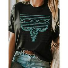 Camiseta de manga corta negra con cuello redondo para mujer, elegante top estilo vaquero con costura de bota en color turquesa, ropa femenina transpirable y con estilo, camiseta versátil de estilo casual y elegante para mujer, manga corta, camisetas ajustadas, vibes de verano. - Negro - Ver 2