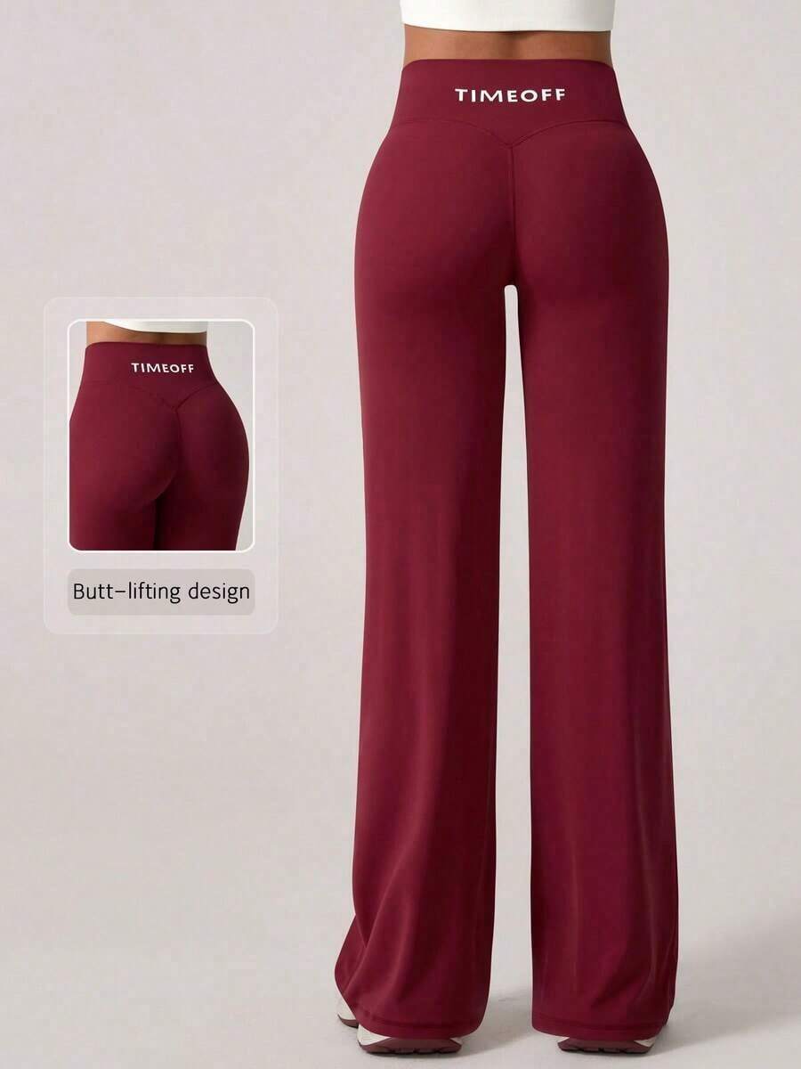 TimeOff 1 pieza Pantalones deportivos de cintura elástica con estampado de letras, de pierna recta y ancha, con efecto de elevación en forma de V, de estilo minimalista para mujer, para primavera - Burdeos - Ver 1