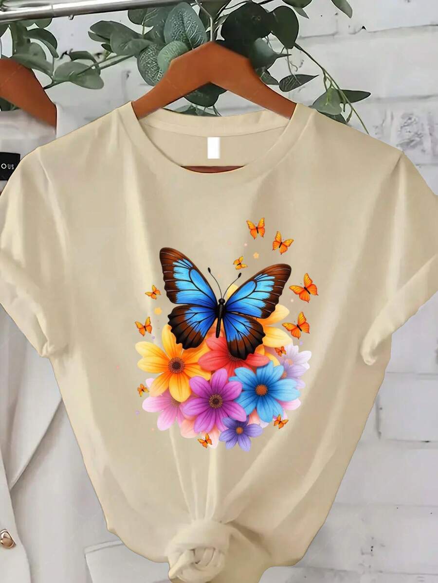 Talla Grande - Talla Grande - Camiseta con estampado de mariposas y flores coloridas, adecuada para mujeres de talla grande, es la elección perfecta para la moda casual de verano.Esta camiseta de manga corta y cuello redondo es perfecta para el verano y el otoño, lo que la convierte en un excelente regalo para el Día de Acción de Gracias y Navidad. Camiseta de Verano Fresca para Mujer - Albaricoque 1 - Ver 1