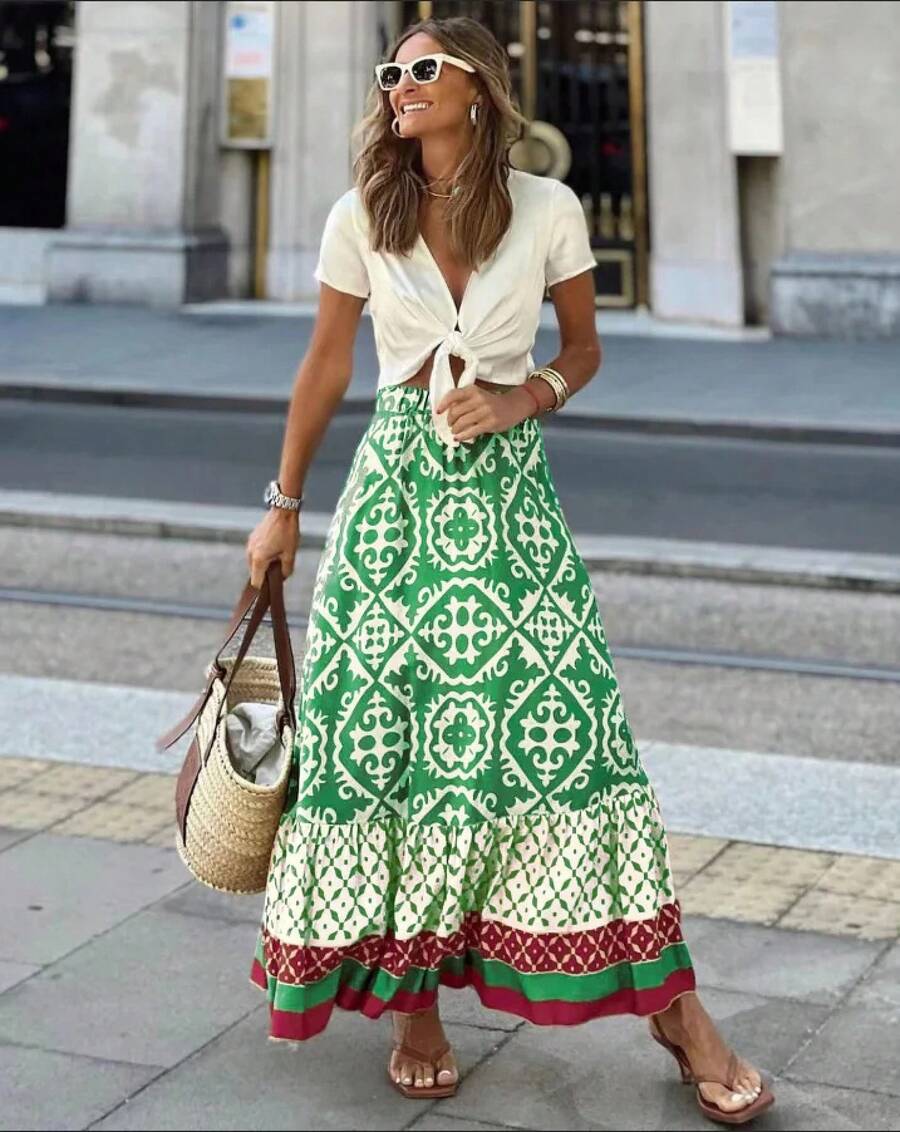 Falda midi elástica con estampado y cintura elástica para mujer, estilo bohemio, adecuada para la playa y el uso diario - como - Ver 1