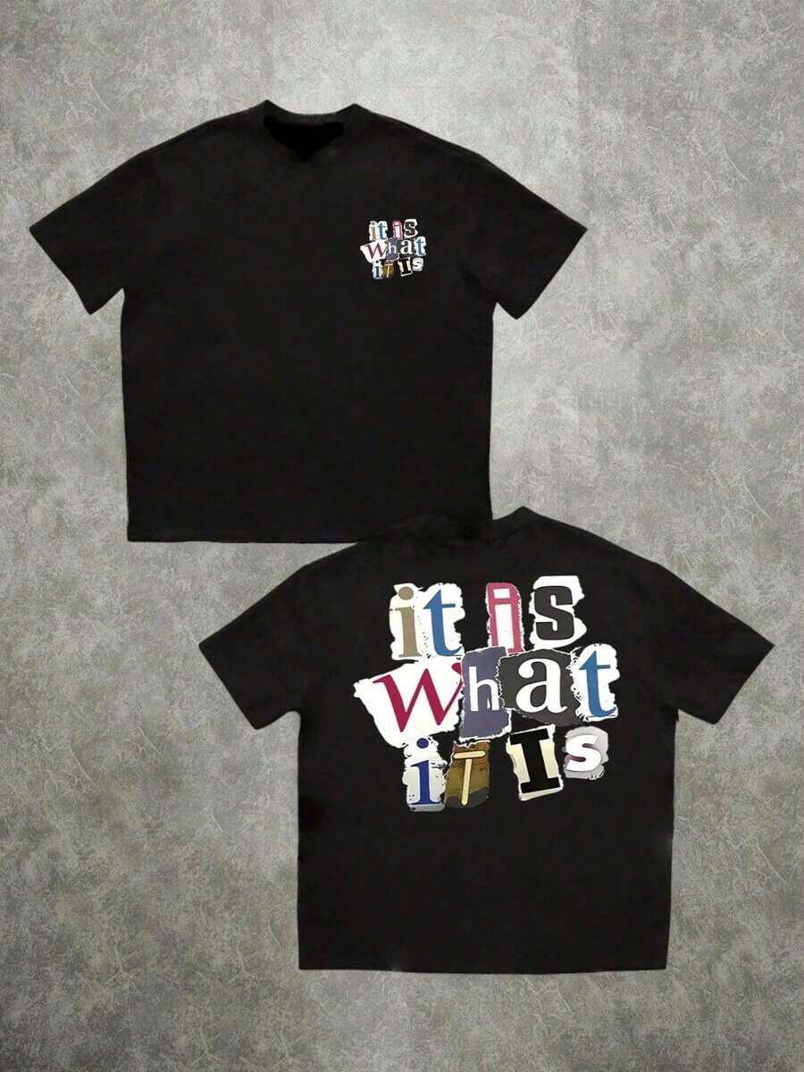 Camiseta Collage It Is What It Is de doble cara con impresión digital de 220g, estilo casual, 1 pieza, talla grande para hombre, 100% algodón, camiseta gráfica de manga corta. - Negro - Ver 1