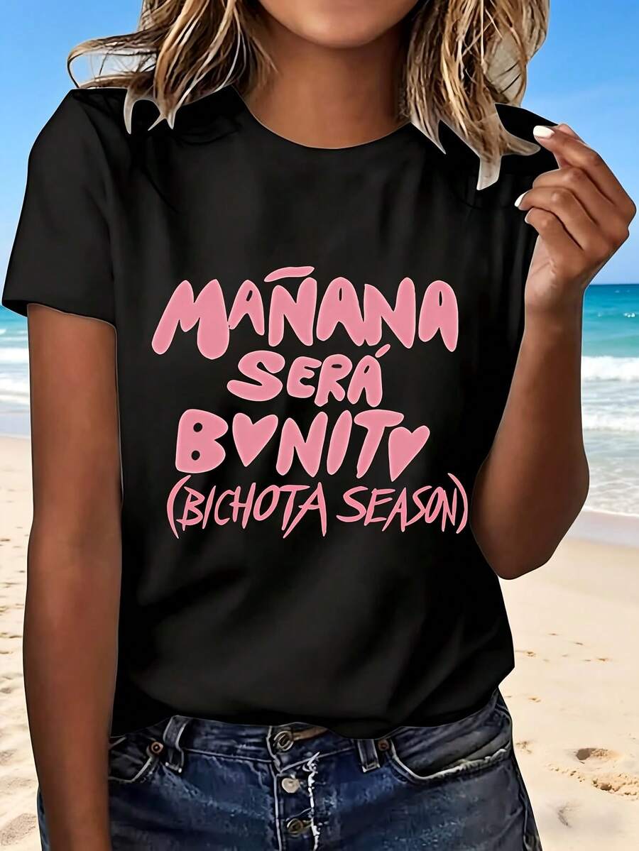 Manana Sera Bonito Bichota Season T Shirt White Pink Print Women Casual Summer Beach Top Fashion Trendy Design Cute Fun Statement Tee Perfect Gift For Friends Family Outdoors Relaxation Party Wear - Negro - Ver 1