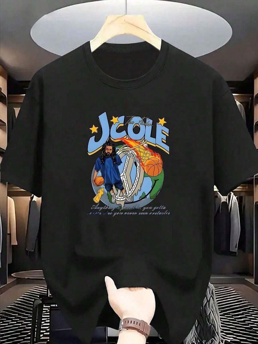 Camiseta Deportiva para Hombre JCOLE con Estampado de Baloncesto - Camiseta de Manga Corta Transpirable de Verano con Cuello Redondo y la Signatura J para Ropa Casual - Cómoda Camiseta Relajada de Talla Grande - Negro - Ver 1