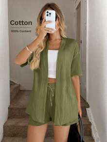 Conjunto de kimono de algodón blanco con arrugas + shorts, conjunto casual de vacaciones para primavera/verano - Verde - Ver 7