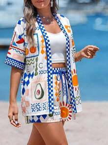 Conjunto de kimono de algodón blanco con arrugas + shorts, conjunto casual de vacaciones para primavera/verano - Multicolor 4 - Ver 6