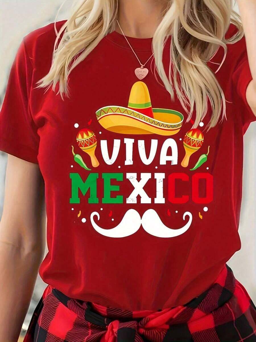 NewSummerCasualCamiseta con estampado mexicano, top casual de manga corta y cuello redondo, ropa de mujer para primavera/verano, 100% algodón.-Vintage Street Style Unisex Loose Cotton Short Sleeve Crew Neck T-Shirt - Rojo - Ver 1