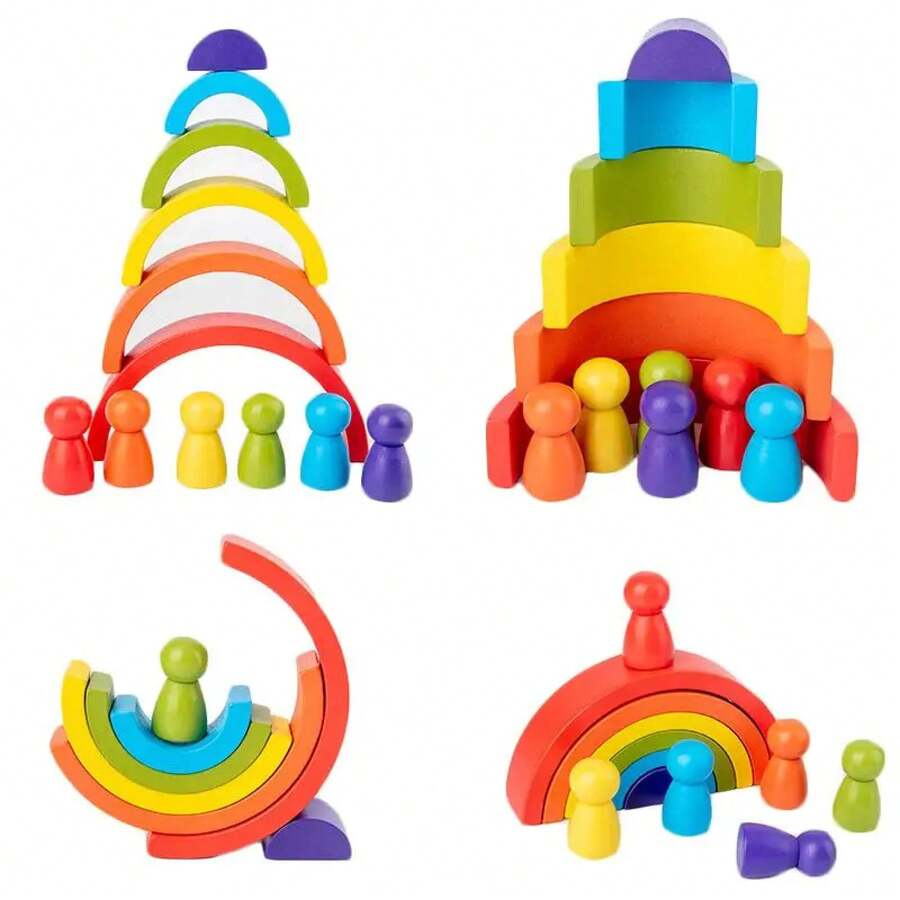 Juguete de arcoíris de madera DIY para niños, bloques de equilibrio apilados de arcoíris de madera creativos, juguete para bebés, juguetes educativos Montessori para niños - 1 - Ver 1