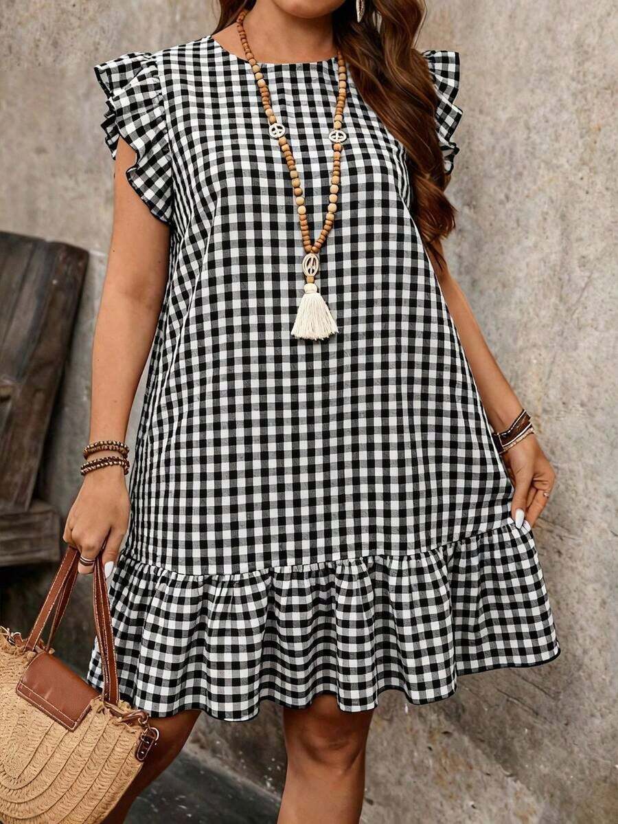 AFghhh Vestido de Verano Casual para Mujer de Talla Grande con Estampado Floral y Mangas con Volantes, Vestido Rojo de Verano, Vestido Boho de Verano, Vestido Casual Rojo para Mujer, Vestido Casual de Verano de Manga Corta. - Blanco y Negro - Ver 1