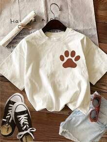 Edición Limitada [Impresión a Doble Cara] Camiseta de Mujer - Estilo Retro con Estampado de Huellas de Perro y Flores, Corte Holgado, Casual para Uso Diario, Cuello Redondo, Manga Corta, Algodón Ligero - Albaricoque - Ver 4