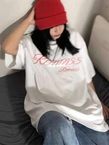Spring/Summer Fashion: A Short-Sleeved, Crew-Neck T-Shirt, 100% Loose And Casual, With A Letter Print, Made From Slightly Stretchy, Heavyweight 180g Cotton Knit, Suitable For Women, Ideal For Spring And Summer Wear. Relaxed And Friendly Style, Vintage Y2K, Casual For Vacations, Cool Summer T-Shirt For The Weekend, Unisex Style. - 白色 - 查看 3