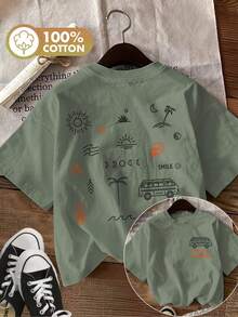 Camiseta de edición limitada con estampado gráfico, manga corta, cuello redondo, estilo casual para verano y primavera, ropa de mujer, algodón ligero. - Verde - Ver 12