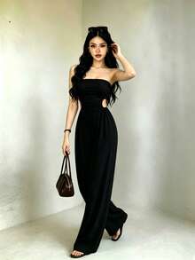 Mono largo con hombros descubiertos y espalda descubierta para mujer, para verano - Negro - Ver 4