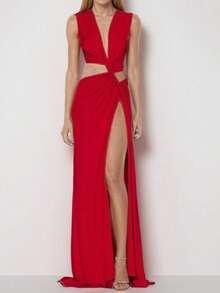 Vestido irregular calado con abertura, estilo sensual primavera 2026 - Rojo - Ver 3