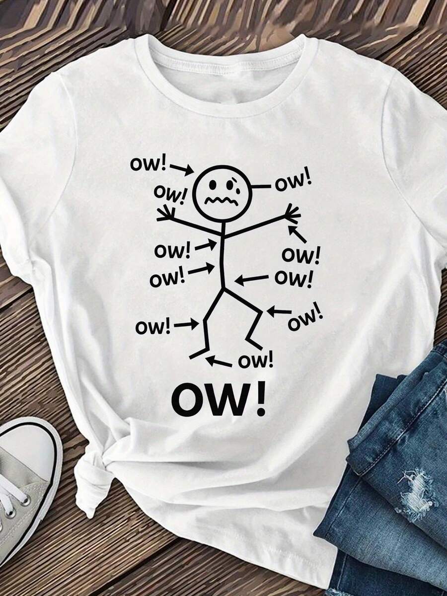 ¡Ow!ow!ow! Camisa de manga corta estampada para mujer, camiseta casual de manga corta, ropa de verano para mujer, ropa femenina, hecha de tela de algodón puro, camiseta de manga corta para mujer de talla grande, disponible en tallas 1XL-5XL. - Blanco - Ver 1