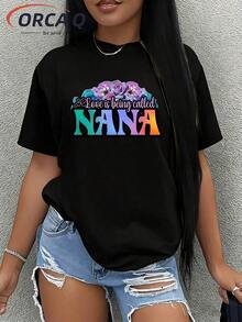 Ropa Curvy En Oferta Y  Una Camiseta De Manga Corta Para Mujer, Moderna, A La Moda, Retro Y Holgada, Adecuada Para Actividades Al Aire Libre En Primavera Y Verano. La Nueva Camiseta De Verano Para Mujer 2026 Presenta Un Estampado Floral De La Letra NANA Que Evoca Sentimientos CáLidos. Tiene Un Estilo Suave, Corte Holgado, Es Unisex, Casual, CóModa Y Está Hecha De Tela Suave, Adecuada Para Todas Las Estaciones. Blusas Para Mujer,Blusas Casuales Para Dama,Tops,, Mujer Premium,Y2K,Playeras De Mujer Curvy,Ofertas Y Liquidaciones Ropa Mujer,Playeras Deportivas Para Mujer,,Playeras De Hombre, Mujer,Blusas>Elegante 6GRTCamisetas Para Mujer Y2K - Negro - Ver 8