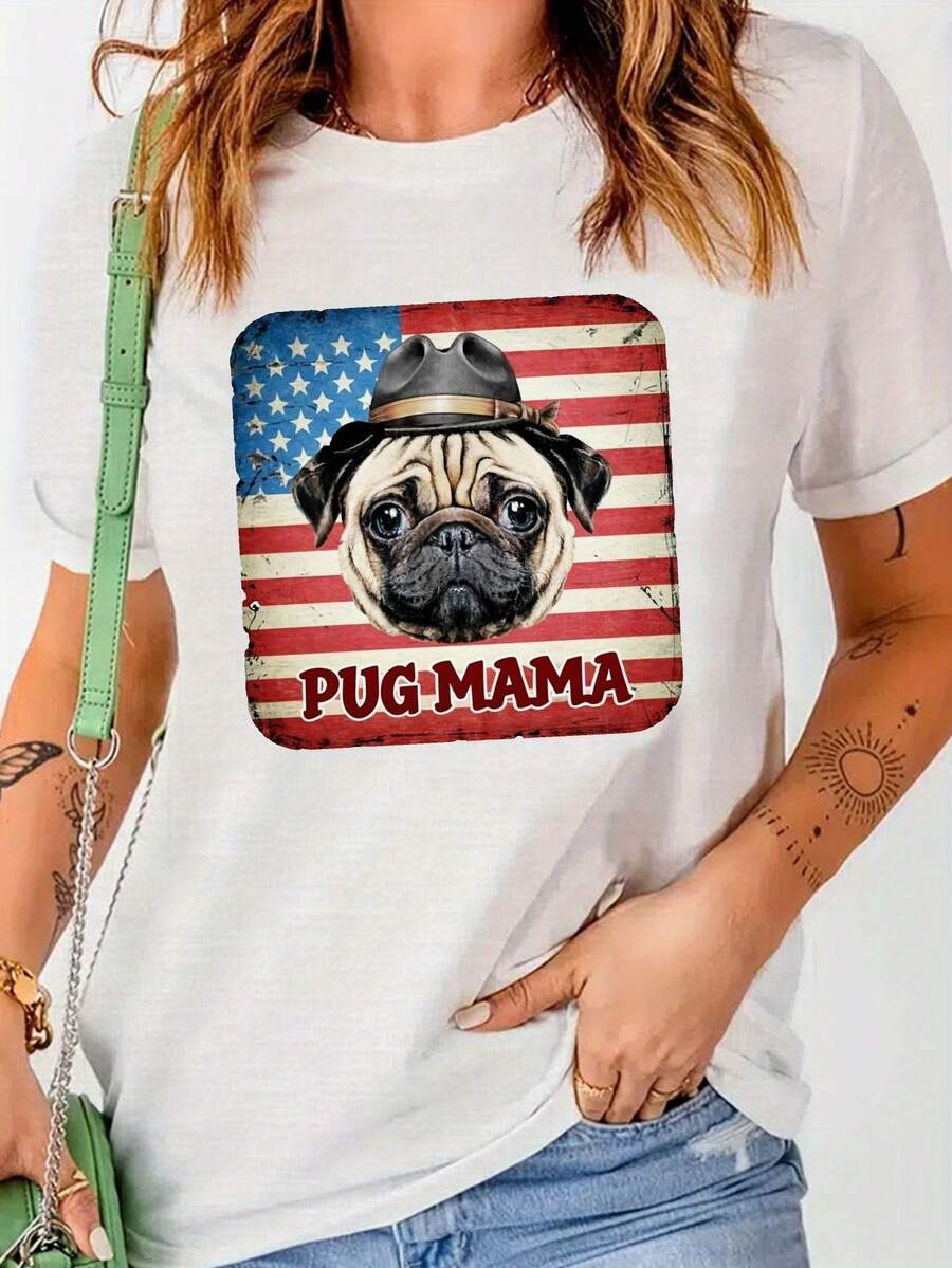 Camiseta con el eslogan "Pug Mama" estilo vaquero occidental para mujer, nueva, de verano, versátil, casual, de corte ajustado y manga corta. - Blanco - Ver 1