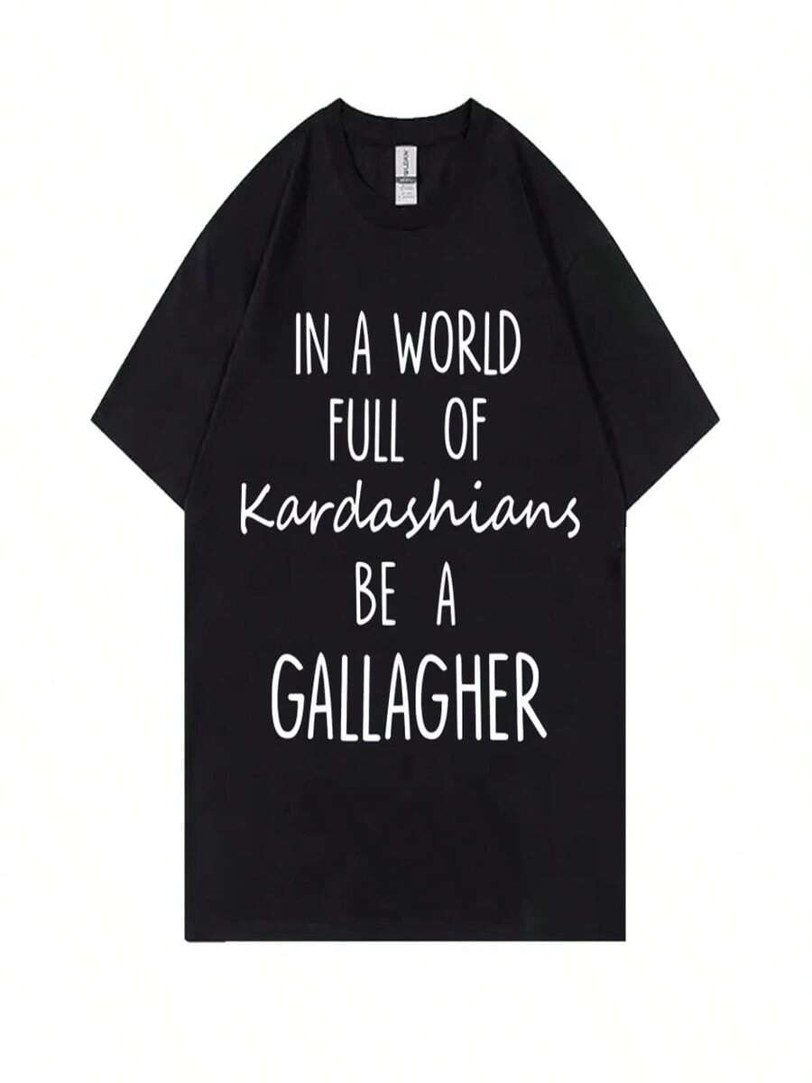 Camiseta femenina estampada al estilo Gallagher de " in A World", camiseta moderna e informal, camiseta holgada de algodón puro para mujer. - Negro - Ver 1