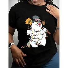 Camiseta Gráfica Navideña de Muñeco de Nieve para Mujer FEEGO - Manga Corta, Cuello Redondo, Camiseta Casual Naranja con Diseño Festivo Navideño, Mezcla de Poliéster Suave, Perfecta para Primavera y Verano, Camiseta de Algodón para Mujer, Estilo Urbano, Camisetas de Manga Corta Negras para Mujer - Negro - Ver 1