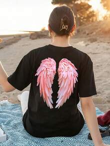 Graphic Design Angel Wings Print T-Shirt | Casual Short-Sleeved Round Neck Tee For Summer And Spring, Women's Clothing, Loose And Comfortable. - White - View 6