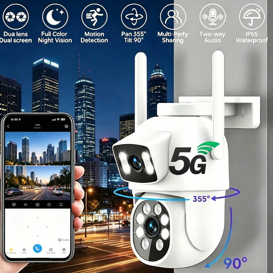 Kamera Luar Ruangan Pintar 5G WiFi 4MP HD Ultra-Clear Pixel, Pemantauan Kucing/Anjing, Kamera Luar Ruangan Lensa Ganda/Layar Ganda, Kamera PTZ dengan Penglihatan Malam Berwarna, Audio Dua Arah, Deteksi Manusia, Pelacakan Otomatis, Kamera IP CCTV Pengawasan Audio Video