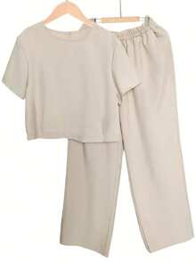 SDHT Women's Solid Color Minimalist Round Neck Short Sleeve Top And High Waist  Pants 2-Piece Set, Spring/Summer,  Women's New Solid Color Minimalist Round Neck Short Sleeve Top And High Waist Wide Leg Pants 2-Piece Set, Spring/Summer, Loose Fit Summer Outfit For Daily Wear& Office Casual, Beige Summer Set/2pc Charm Women Spring Summer Outfit, Active Outfit/2pc, Curve Gift For Women. - Màu be - Xem 8