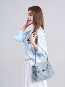 Túi đeo vai bằng vải màu xanh nhạt, túi đeo chéo thời trang nữ thiết kế dây rút, túi đựng đồ hàng ngày dung tích lớn, túi đeo chéo sành điệu. - Màu xanh nhạt - Xem 3