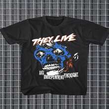 Camisetas THEY LIVE Camisetas de manga corta modernas para hombres y mujeres, ideales para todas las estaciones, 220g, Ropa Casual,Ropa de Temporada,Ajuste Relajado,Camiseta Gráfica,Tela Ligera,Textura - Negro - Ver 2