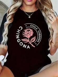 1 camiseta gráfica Chingona - Camiseta casual negra con diseño floral rosa, suave, perfecta para atuendos casuales, eventos de verano, fiestas de cumpleaños, regalos para amigos y familiares - Camiseta elegante y cómoda para mujer, 180g, 100% algodón. - Negro - Ver 1
