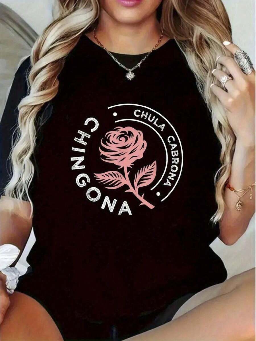 1 camiseta gráfica Chingona - Camiseta casual negra con diseño floral rosa, suave, perfecta para atuendos casuales, eventos de verano, fiestas de cumpleaños, regalos para amigos y familiares - Camiseta elegante y cómoda para mujer, 180g, 100% algodón. - Negro - Ver 1
