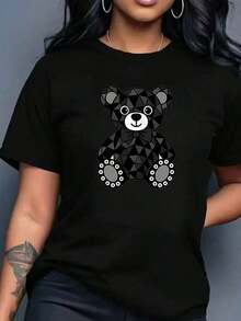 100% cotton 1pc blusas de mujer blusas bonitas para mujeres ropa de mujer conjuntos para mujer Oso geométrico camiseta 180g negro y blanco algodón patrón estampado oso corbata impresión algodón alta calidad cuello redondo ajuste básico holgado hombres y mujeres transpirable versátil lavable a máquina cómoda talla S ~ 3XL diario casual deportes imprescindible verano - Negro - Ver 3