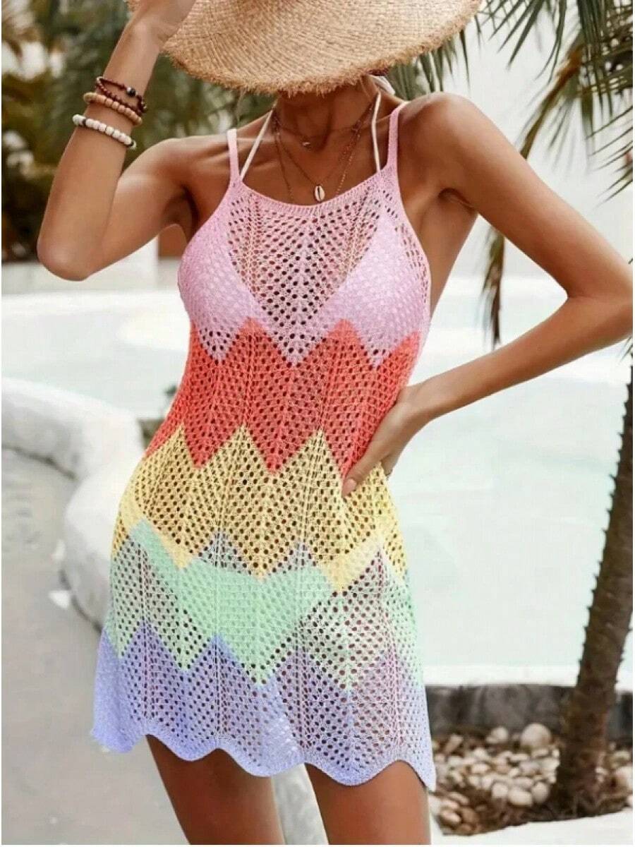 Vestido Elegante de Rayas Arcoíris para Mujer, Sexy, sin Mangas, Ropa de Playa, Colorido, Estilo Tropical para Vacaciones, Vestido Tipo Tubo - Rosa - Ver 1