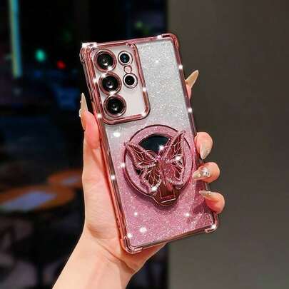 (Lanyard Given Upon Placing An Order, Following The Store And Favoriting Products) Glitter/Pink Butterfly Mirror Stand/Free Lanyard 1pc Electroplated Four‑Corner Shockproof Phone Case, Compatible With Redmi Galaxy