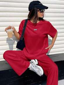 Conjunto informal de camiseta holgada y pantalones con textura mostaza para mujer - Rojo - Ver 6