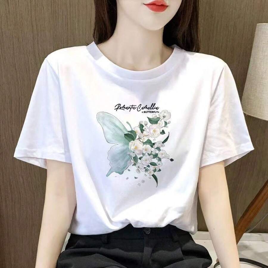 Camiseta de verano para mujer de algodón puro, de manga corta, con cuello redondo, holgada, transpirable, cómoda y versátil, camisetas de cuello redondo a la moda y versátiles, camiseta holgada y cómoda, camisetas modernas. - Negro - Ver 1