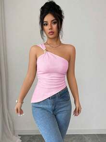 Blusa elegante y sexy de mujer con cuello halter sin mangas, con decoración metálica, tela texturizada, recogido en la cintura, adecuada para salir, citas, vacaciones - Rosa - Ver 5
