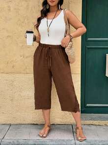 Pantalones capri informales de talla grande de un solo color - Marrón 2 - Ver 3