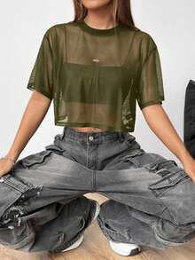 Top de malla negra de manga corta para mujer - Verde militar - Ver 1