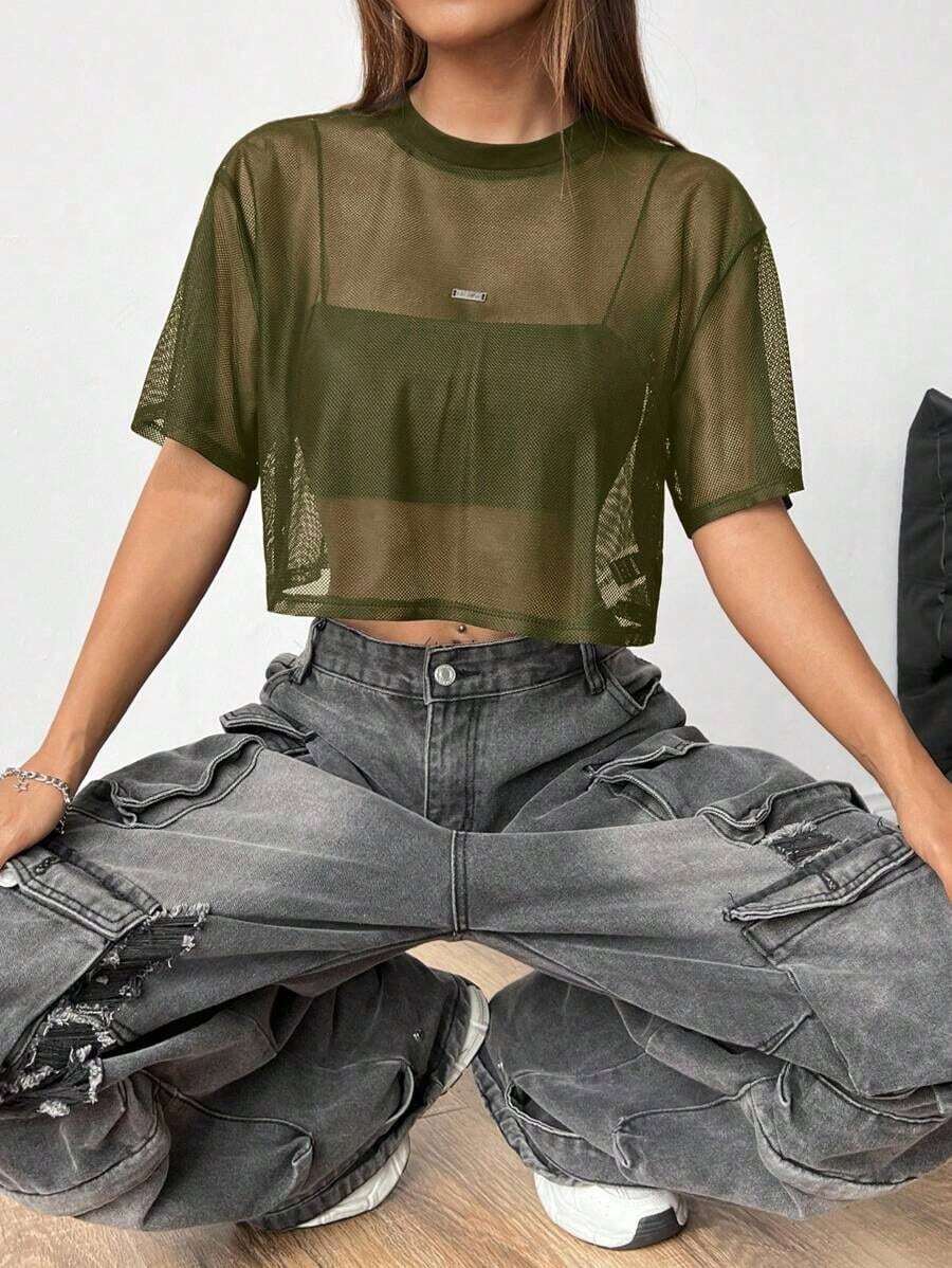Top de malla negra de manga corta para mujer - Verde militar - Ver 1