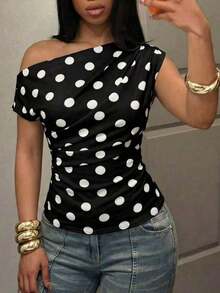 Blusa de lunares nueva de primavera, para festival de música de primavera y verano, Día de San Valentín, Pascua, temporada de bodas, temporada festiva, casual y elegante, para ir y venir, uso diario, ropa de trabajo, vacaciones, fiesta, crucero, - Negro - Ver 5