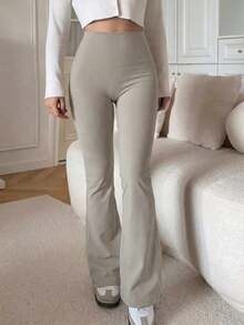 Pantalones acampanados de cintura alta de unicolor, ajuste delgado y casual para mujer - Gris Claro - Ver 5