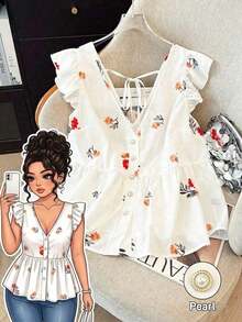 Blusa de mujer de talla grande con estampado floral de gasa, estilo casual de frente abierto tipo resort, versátil para primavera, verano y otoño - Blanco - Ver 1