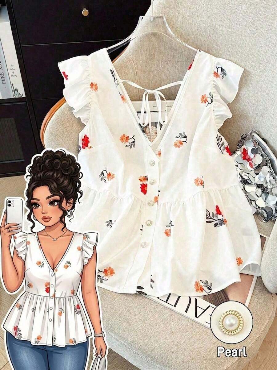 Blusa de mujer de talla grande con estampado floral de gasa, estilo casual de frente abierto tipo resort, versátil para primavera, verano y otoño - Blanco - Ver 1