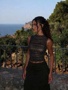 Top sin mangas con cuello alto y fruncido en unicolor, top negro de club, tops de malla para fiestas, despedida de soltera, tops para citas, salir, primavera/verano, top de fiesta, vacaciones, cumpleaños, festival, playa, top elegante - Negro - Ver 1