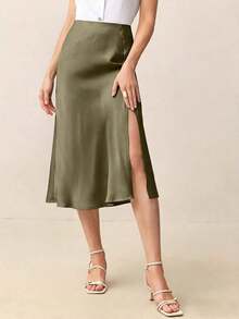 Falda elegante y romántica de línea A con abertura lateral en color blanco crema, versátil para ir al trabajo, uso diario, estilo retro de los 90, Navidad, Año Nuevo, San Valentín, fiestas, playa, graduación, moda, carnaval, vac - Verde - Ver 8