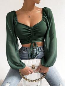 Blusa de manga farol con cuello de corazón y pliegues, corta - Verde Oscuro - Ver 7