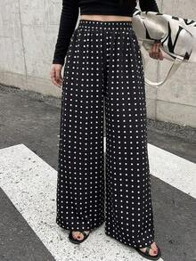 de pierna ancha con estampado de lunares y cintura elástica para mujer - Negro 2 - Ver 4