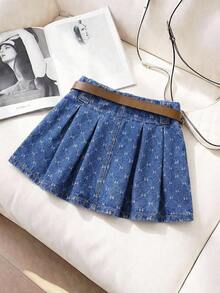Falda Vaquera De Mezclilla Para Mujer En Color Sólido Con Borde Desfilachado - Azul - Ver 2