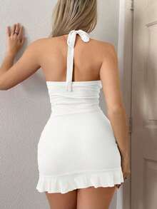 Vestido mini rosa transparente con cuello halter atado al cuello, ribete de volantes y envoltura de malla para el verano de - Blanco - Ver 2